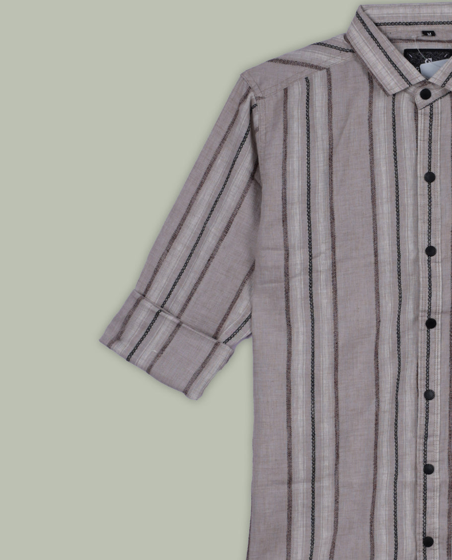 Beige colour shirt in breathable cotton fabric, featuring black and maroon vertical lines  & Designed with a classic collar, button front, and full sleeves, it combines casual ease with modern appeal.