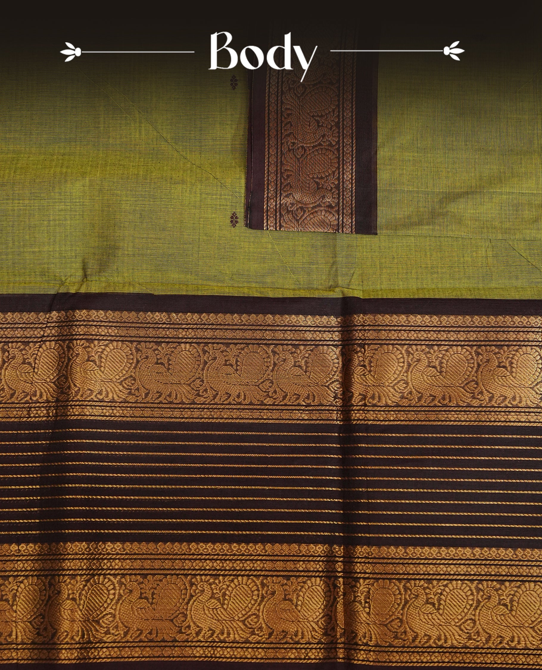 Lemon green Colour Chettinad Cotton Saree Featuring Elegant plain Body, Complemented by a Chocolate Border with gold zari strips & Peacock pattern, Paired with a Matching Blouse Piece.