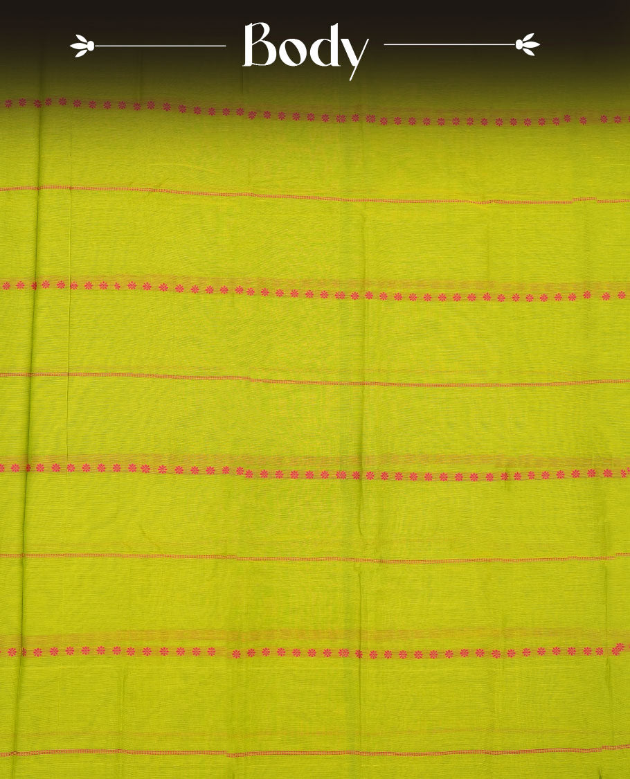 Lemon colour Narayanapattu cotton saree featuring a Rani pink colour stripped body, contrast rani pink colour with silver zari border and pallu, pairing a matching blouse piece.
