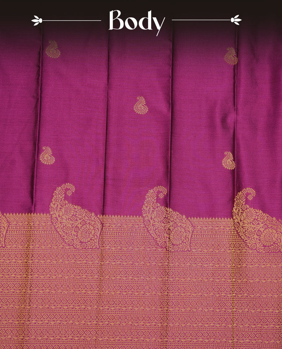 Magenta colour soft silk sareee featuring gold zari Motifs on body, complemented by self colour with zari border, paired with contrast colour blouse piece.