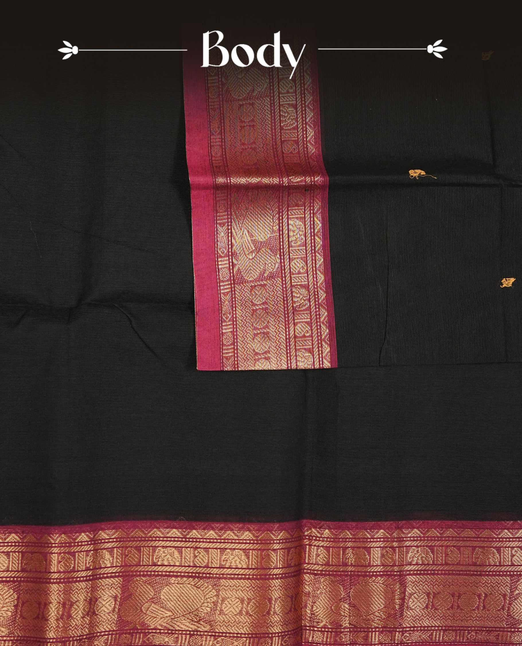 Black Colour Chettinad Cotton Saree Featuring Yellow Colour Mango Motifs on the Body, Complemented by a Magenta Border with Peacock & Mango Gold Zari Pattern and a Contrast Black Pallu, Paired with a Matching Blouse Piece.