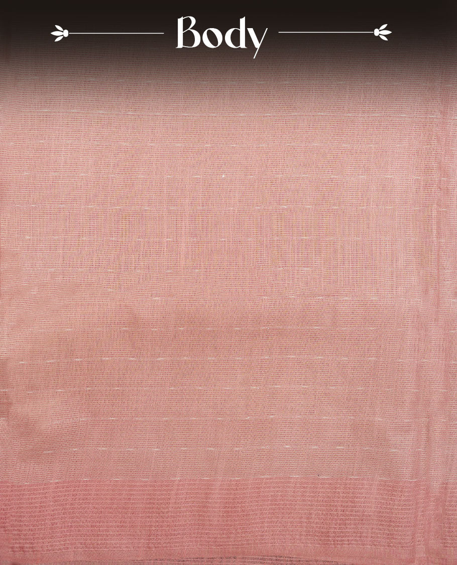 Pink colour semi jute saree highlighting gold zari stripped body with white motifs, without border and paired with matching blouse.