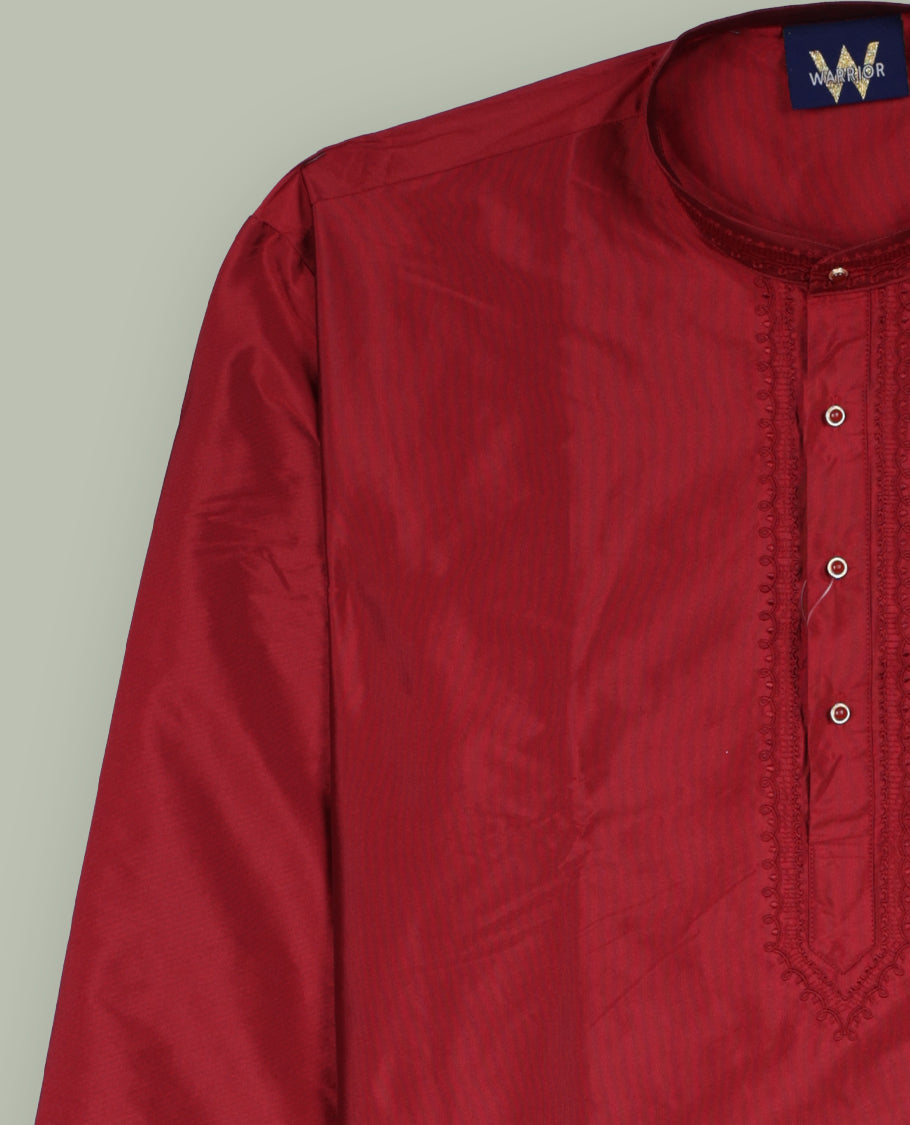 Rich maroon colour mens kurta featuring elegant embroidery on the neckline & Crafted in a refined style with full sleeves, offering a perfect blend of tradition.