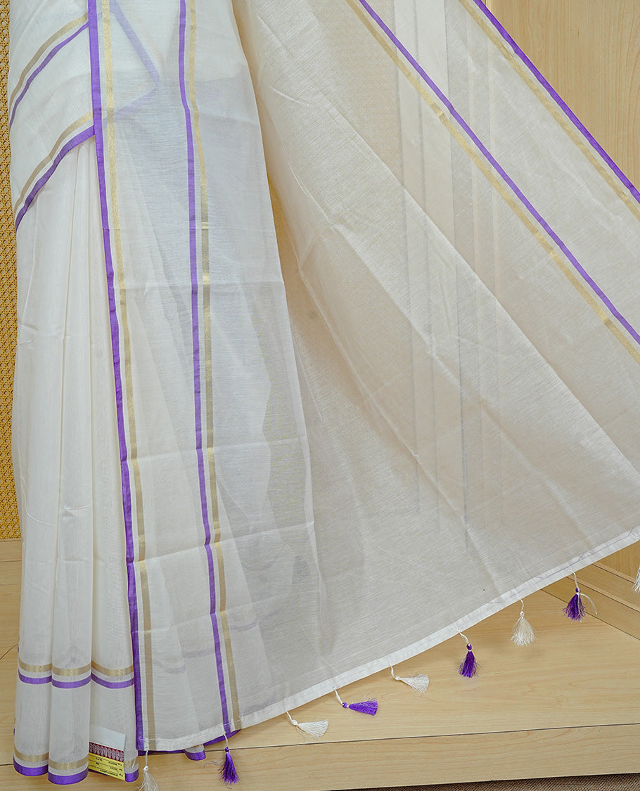 Off white colour semi linen saree featuring Elegant Plain body, complemented by contrast Purple colour with gold zari Simple border, comes with matching blouse piece.