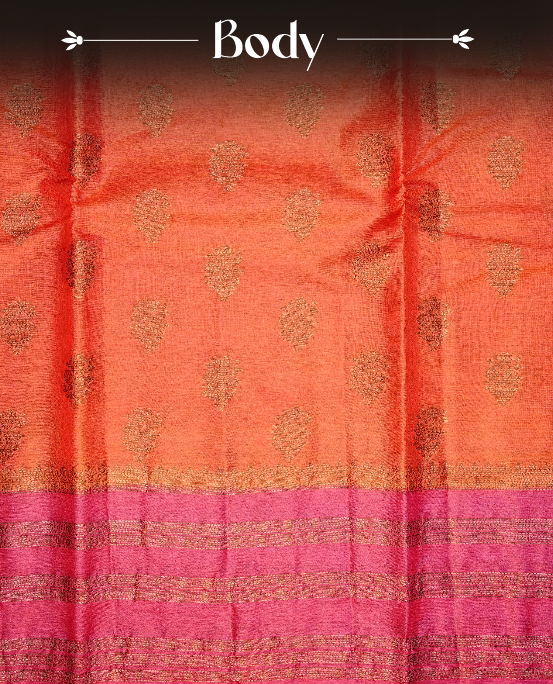 Rust orange colour pure tussar Banaras silk saree featuring elegant gold zari motifs across the body, complemented by a contrast magenta border with rich zari detailing. Comes with a matching blouse piece