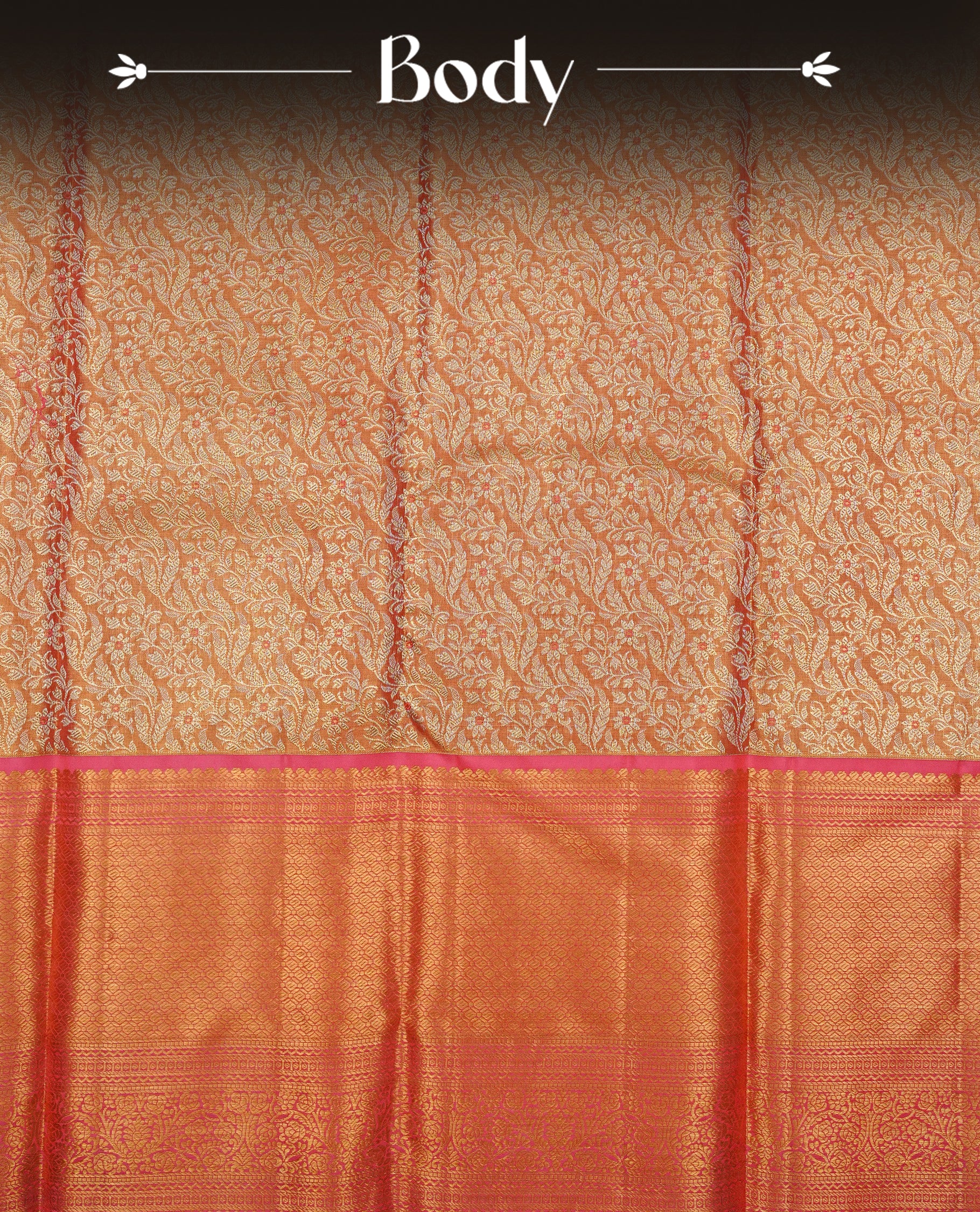 Pink & Gold double shade colour Tissue silk saree featuring Silver Kodi pattern on body, complemented by Contrast Pink With Gold Zari border, comes with matching blouse piece.