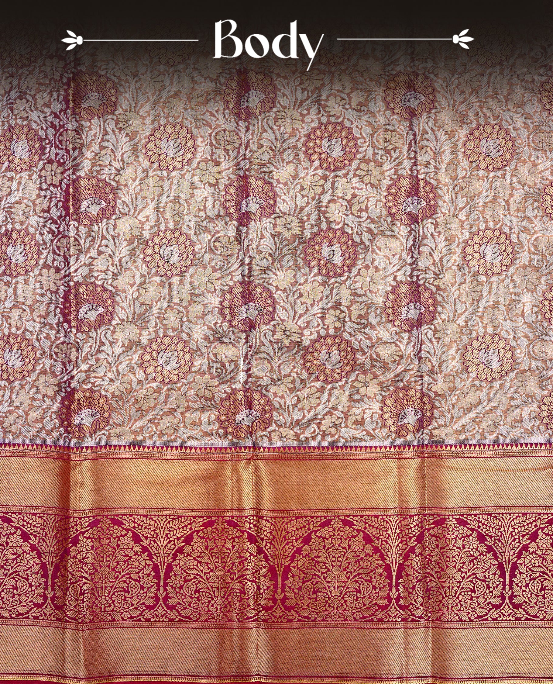 Gold & Maroon colour Double shade Semi tissue silk saree featuring Gold & silver Floral kodi pattern on body, Contrast Maroon colour with traditional border, paired with matching.