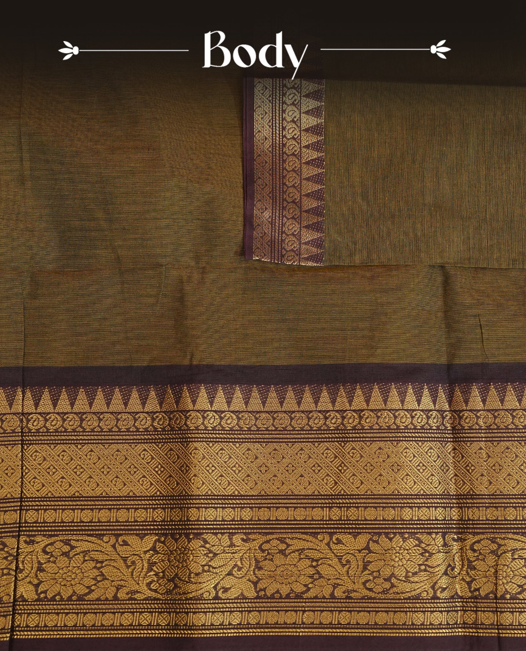 Olive  colour chettinad cotton saree featuring elegant plain body, Contrast Chocolate colour with Gold zari border, comes with matching blouse piece.