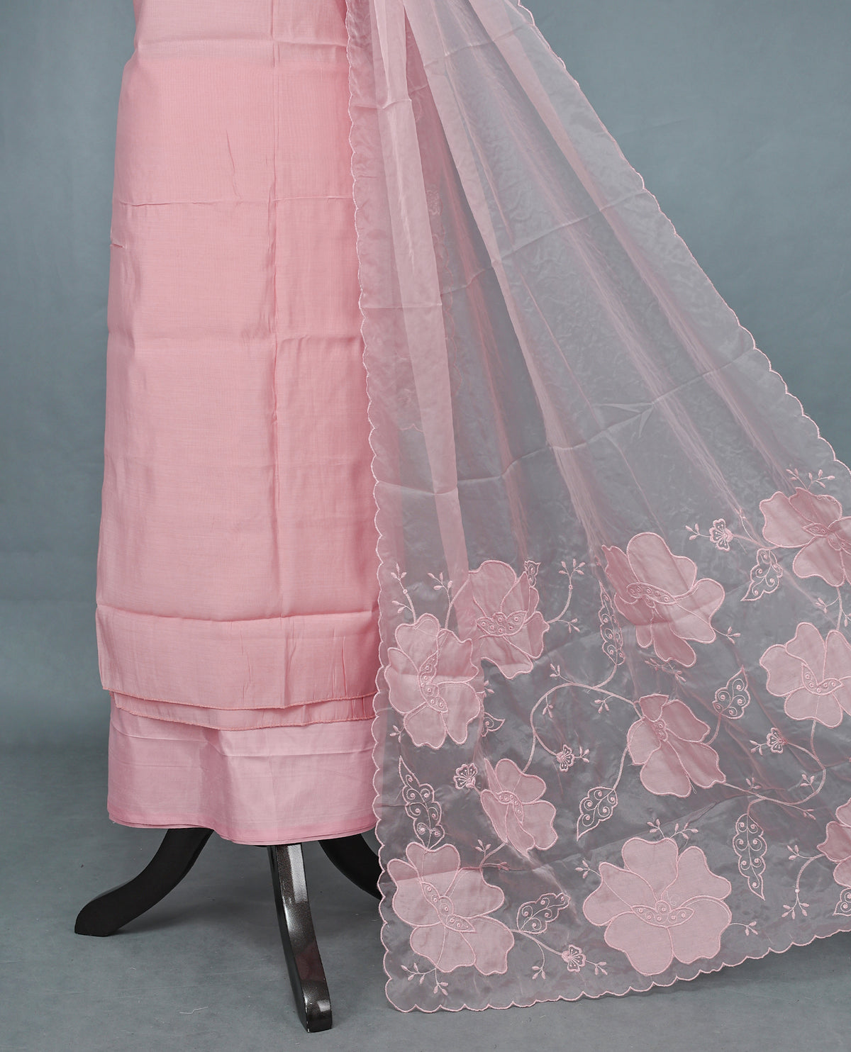 Baby Pink Colour Mul Chanderi Salwar Material paired with a matching bottom and an elegant floral embroidered organza dupatta