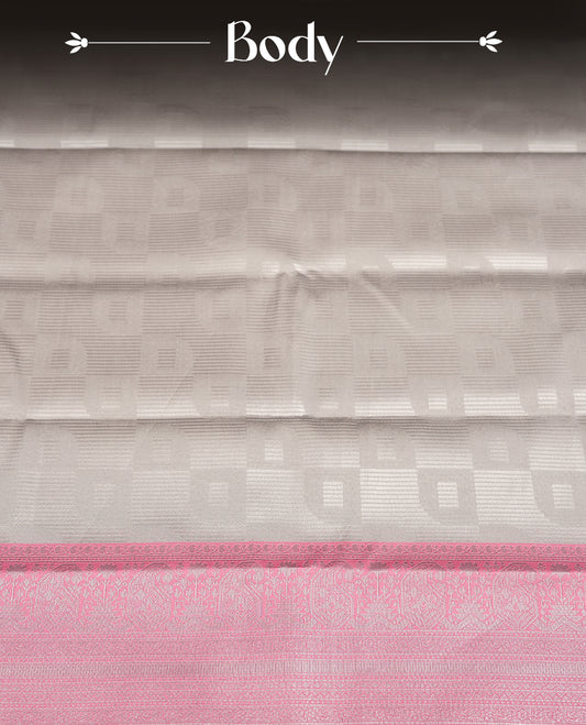 Silver Grey Colour Silk Saree with Self-Checked Geometric Patterns, Contrasting Pastel Pink Zari Woven Pallu and Border Featuring Floral Motifs and Tassels, Paired with Matching Blouse Piece