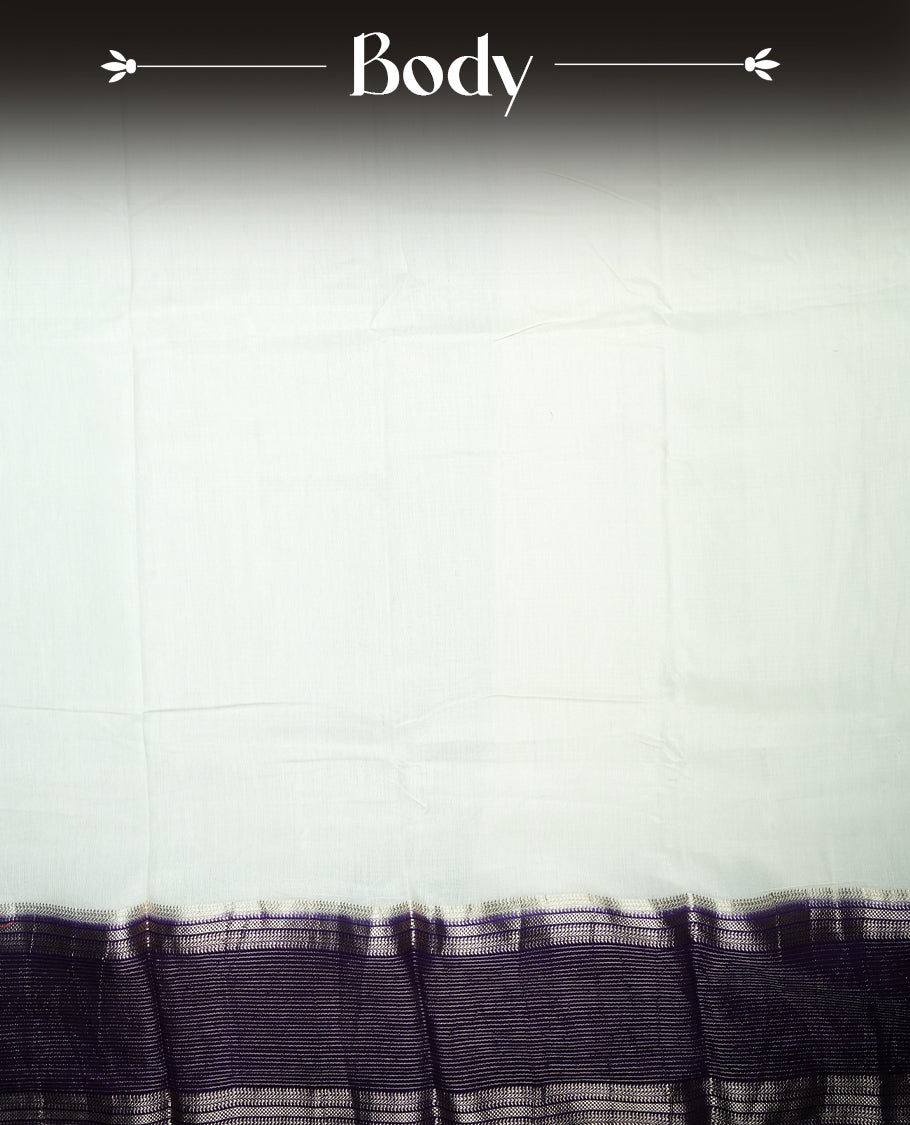 white colour mixed chanderi cotton saree with plain body, pallu featuring rose gold zari border, and matching deep purple blouse.