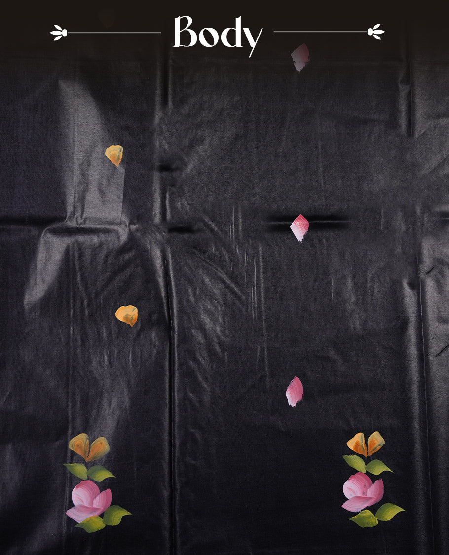 Black colour  Pure tusser silk saree featuring multicolour floral hand print designs all over body without border, pallu, paired with matching blouse piece.