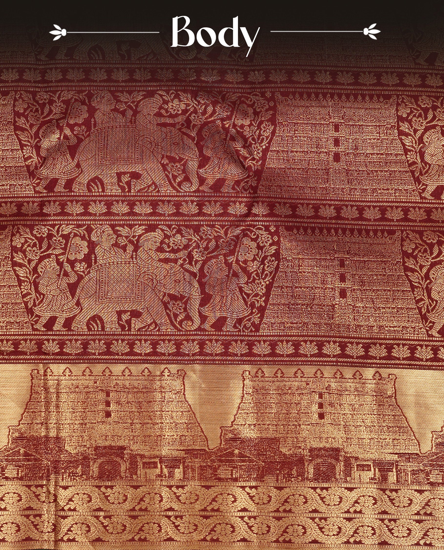 Dark Maroon colour Kanchipuram Samudrika Pattu saree featuring an exclusive gold zari weave of the historic Padmanabhaswamy Temple East Gopuram on the border and pallu, with Anantha Sayanam motif, paired with self colour blouse piece.