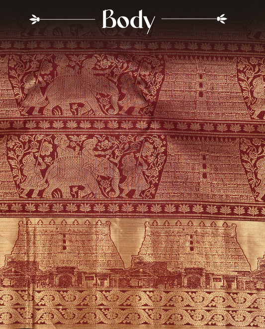 Dark Maroon colour Kanchipuram Samudrika Pattu saree featuring an exclusive gold zari weave of the historic Padmanabhaswamy Temple East Gopuram on the border and pallu, with Anantha Sayanam motif, paired with self colour blouse piece.