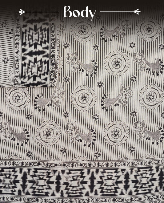 Cream & Black colour kalamkari cotton saree featuring kalamkari printed body & pallu, paired with a matching  contrast blouse piece.