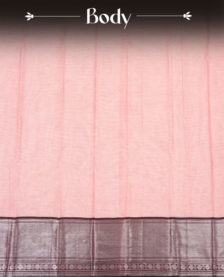 Baby pink colour Narayanapattu cotton saree featuring a self coloured body, contrast Chocolate brown colour with silver zari border and pallu, pairing a matching blouse piece.