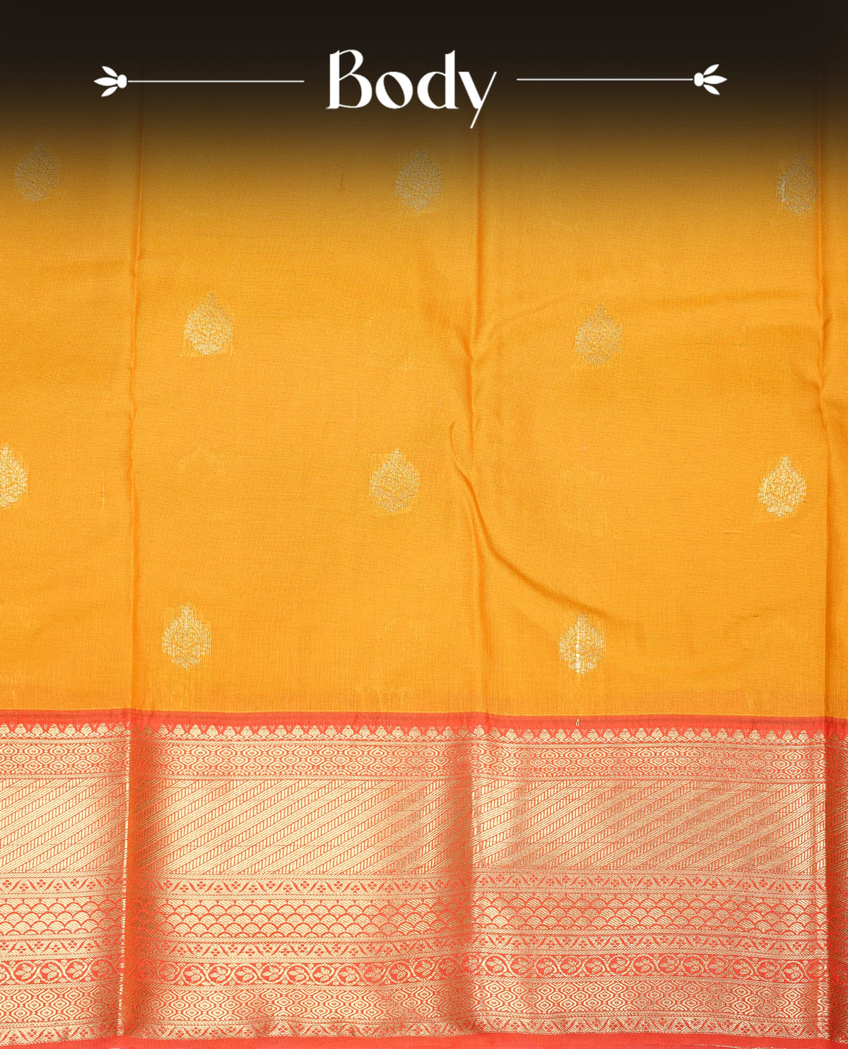 Mustard yellow colour semi wedding silk saree featuring gold zari with motifs on body,contrast red colour with traditional border on body,rich pallu comes with matching blouse piece