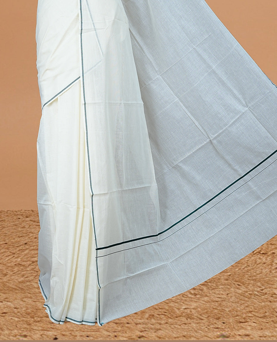 Cream Colour Kerala Saree Featuring A Plain Body, Enhanced By A Minimalistic Black Border, Paired With A Matching Blouse Piece.