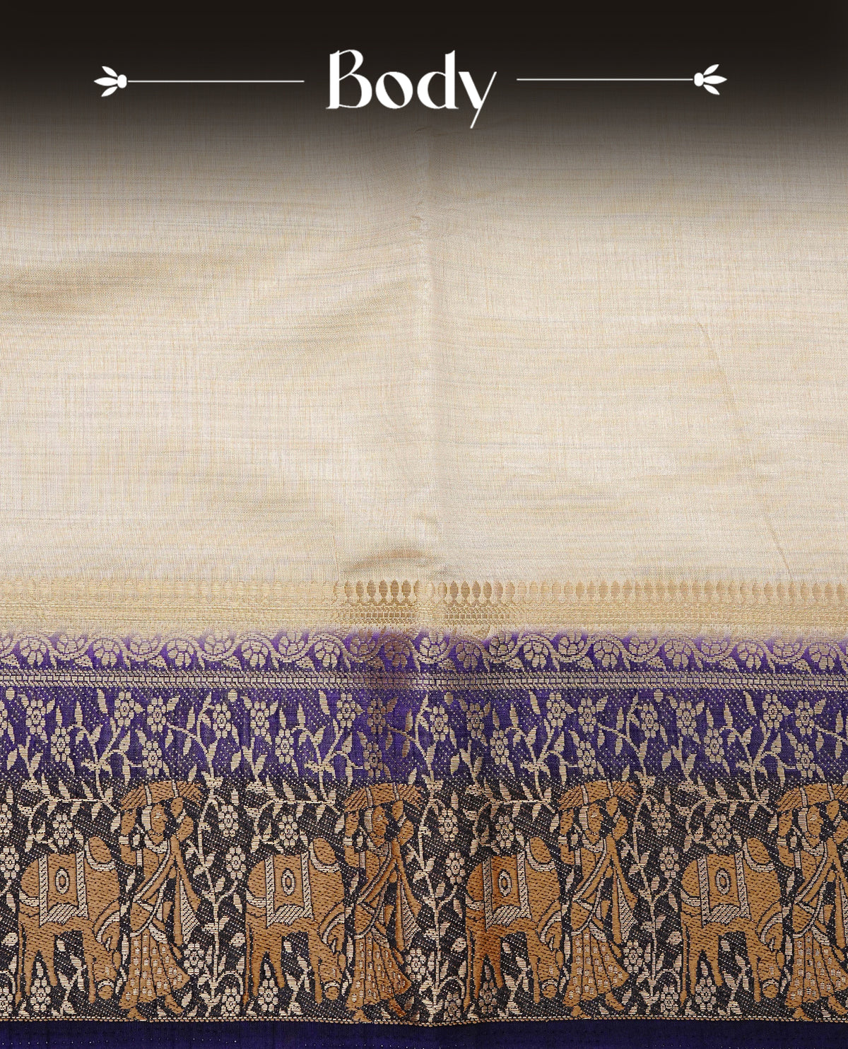 Light gold tussar saree featuring Elegant plain body, complemented by contrast Navy Blue colour with Gold zari Floral kodi with Women & Cow Pattern border, comes with matching blouse piece.
