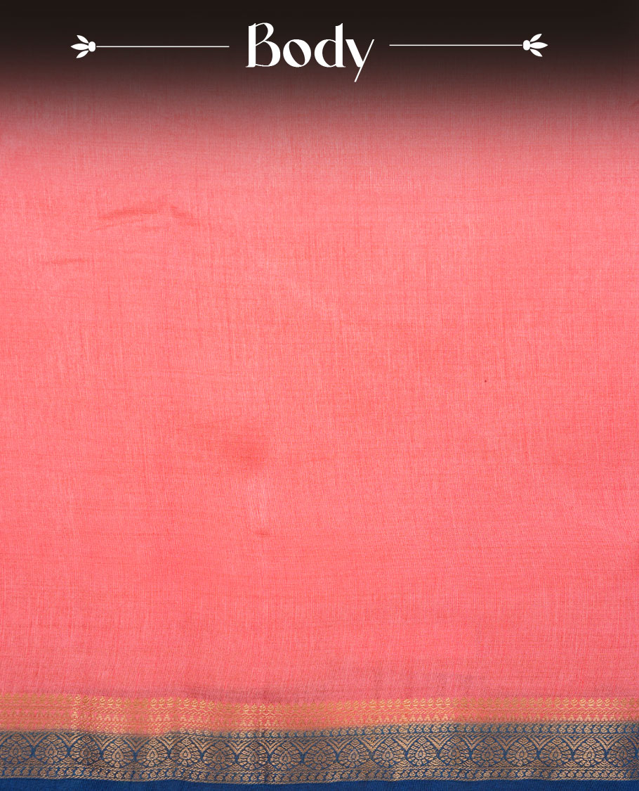 Pink colour semi tussar saree featuring elegant plain body, contrast Blue colour gold zari border and comes with matching blouse piece.
