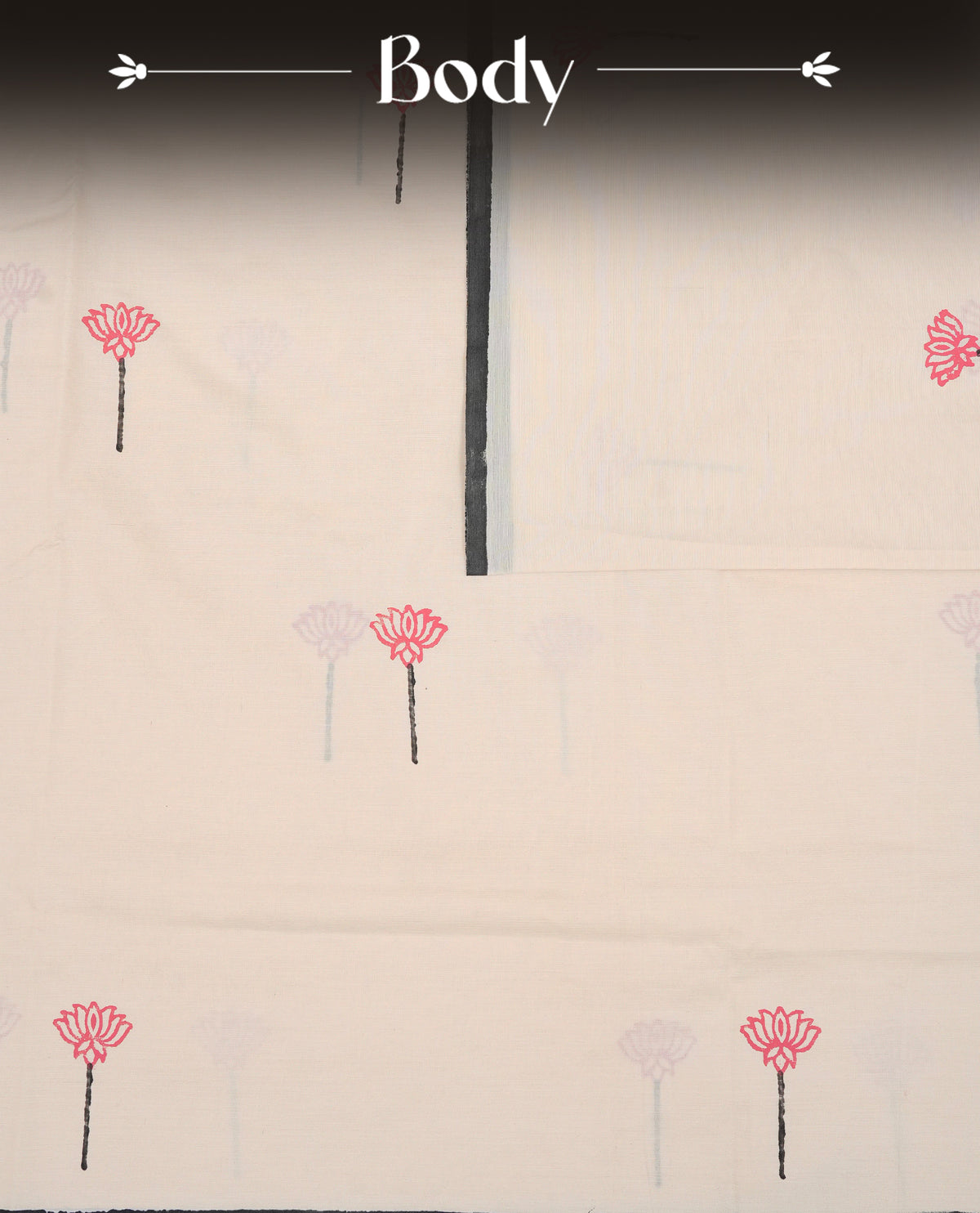 Cream colour Polycotton Saree adorned with delicate lotus motifs across the body and pallu, creating a graceful and minimalist look. Finished with a subtle black border and paired with a matching printed blouse piece,