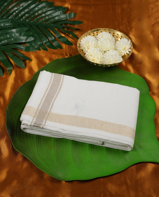 White colour pure linen double Dhoti with Gold & Light brown colour border for men