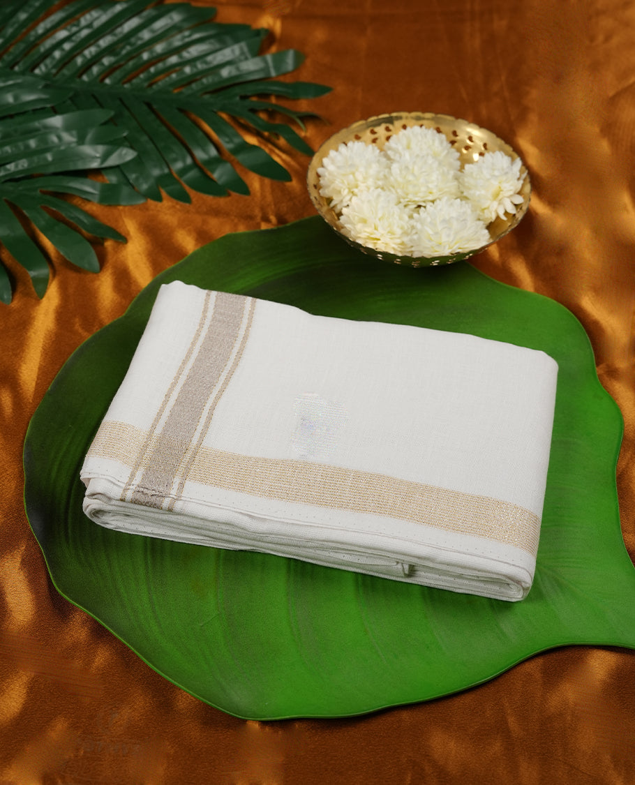 White colour pure linen double Dhoti with Gold & Light brown colour border for men