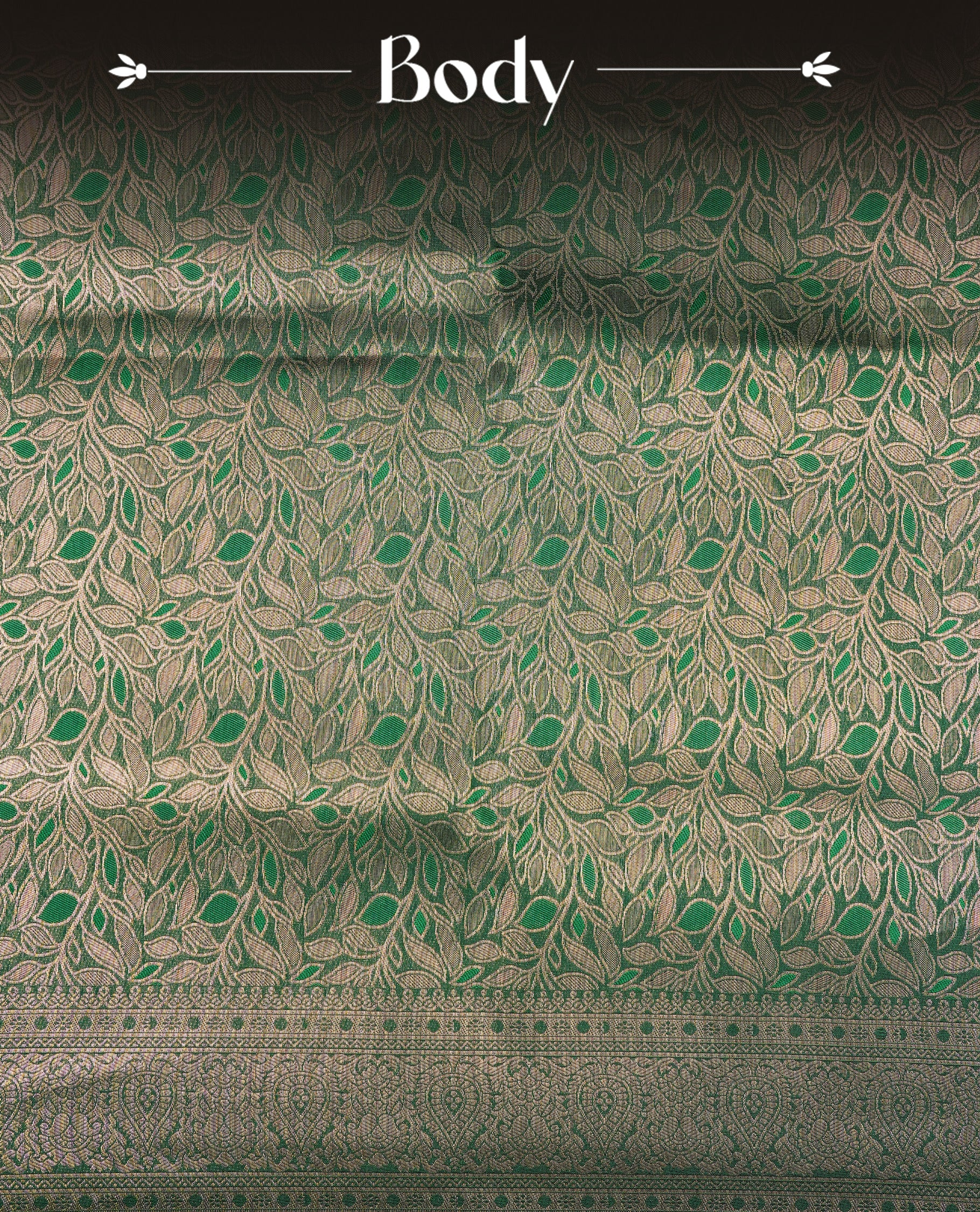 Bottle Green  Colour Softie Silk Saree Featuring An All Over Gold Woven Leaf Pattern, Finished With A Matching Border Adorned With Intricate Paisley And Floral Motifs, Paired With A Matching Blouse Piece.
