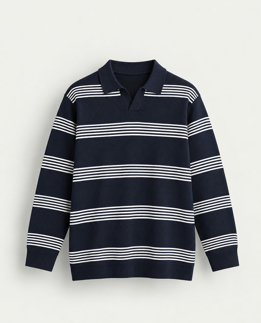 Navy blue colour Tshirt featuring Collar design neck, elegant Strip pattern on body and Full sleeve.