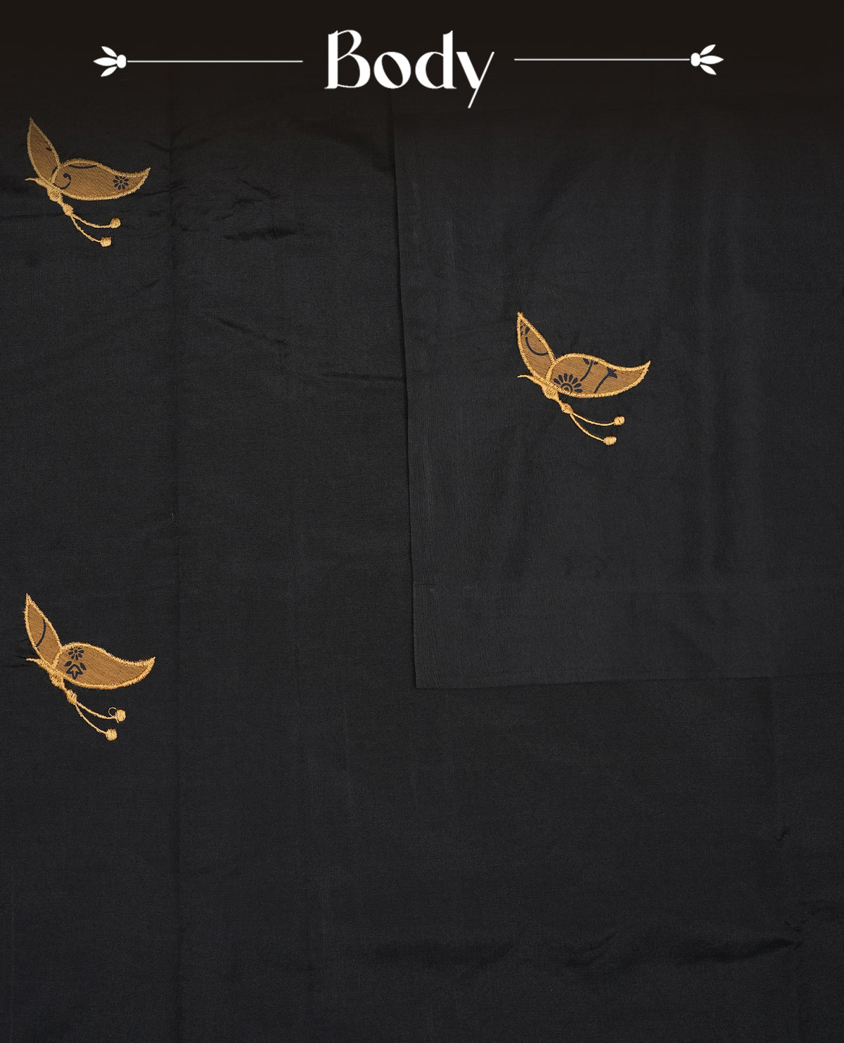 Black Polycotton Saree featuring elegant Butterfly ajrakh designs on the body, complemented by a matching pallu & Paired with a contrasting mustard printed blouse piece