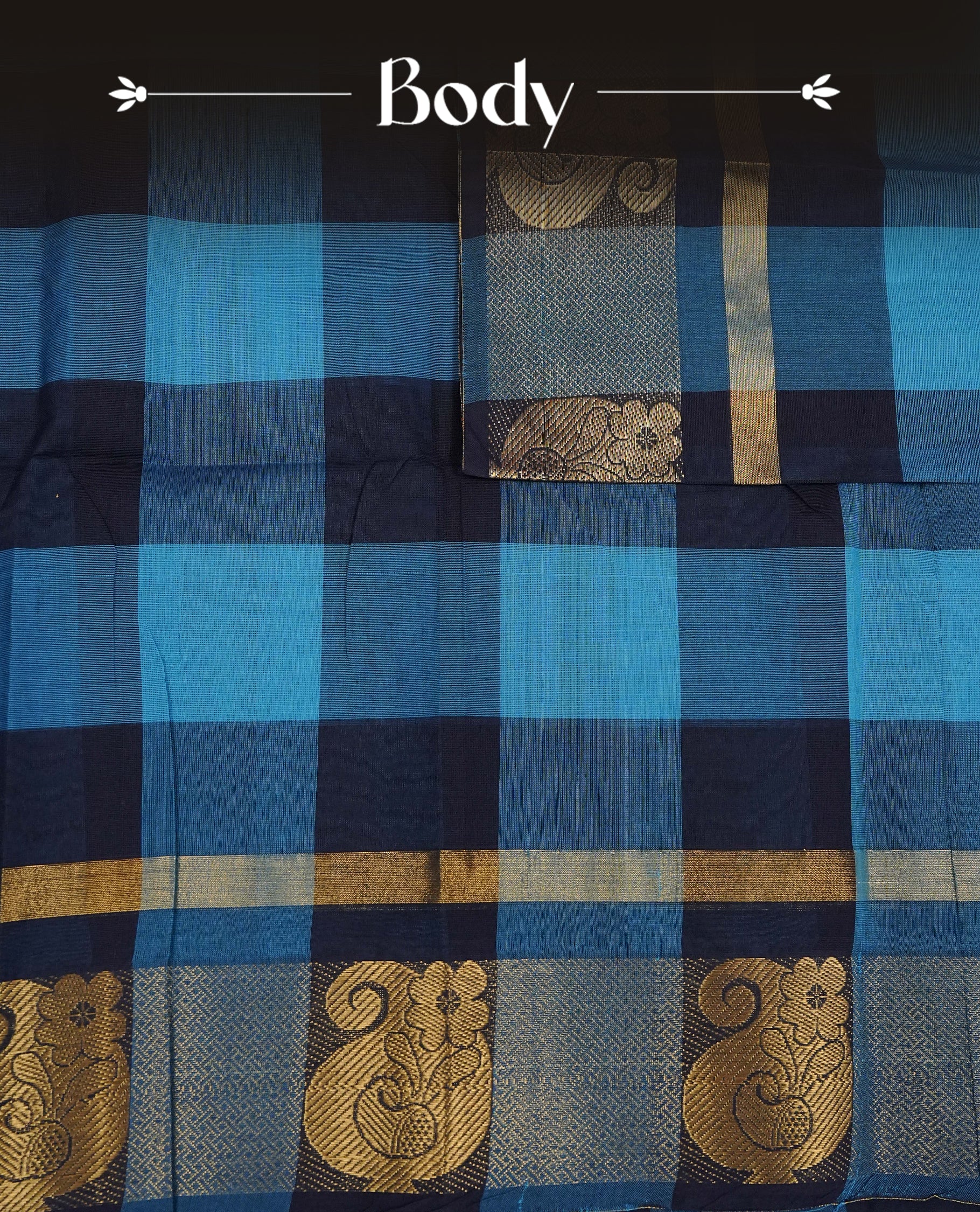 Navy blue & Blue colour chettinad cotton saree featuring check pattern on body, complemented by Self Colour with gold zari border, comes with matching blouse piece.