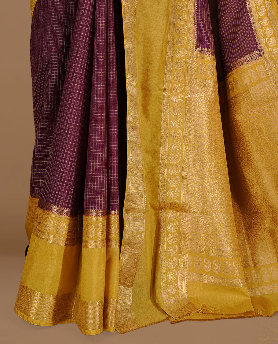 Maroon colour semi georgette saree featuring gold zari check pattern on body, complemented by contrast olive colour with zari border, paired with matching blouse piece.