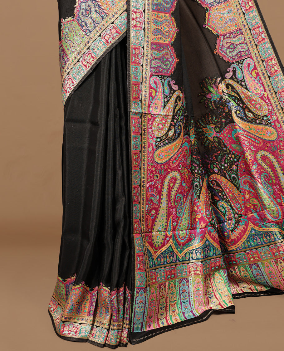 Black colour pashmina silk saree feature Elegant plain body, multi colour pattern on self colour border, paired with matching unstitched bluse