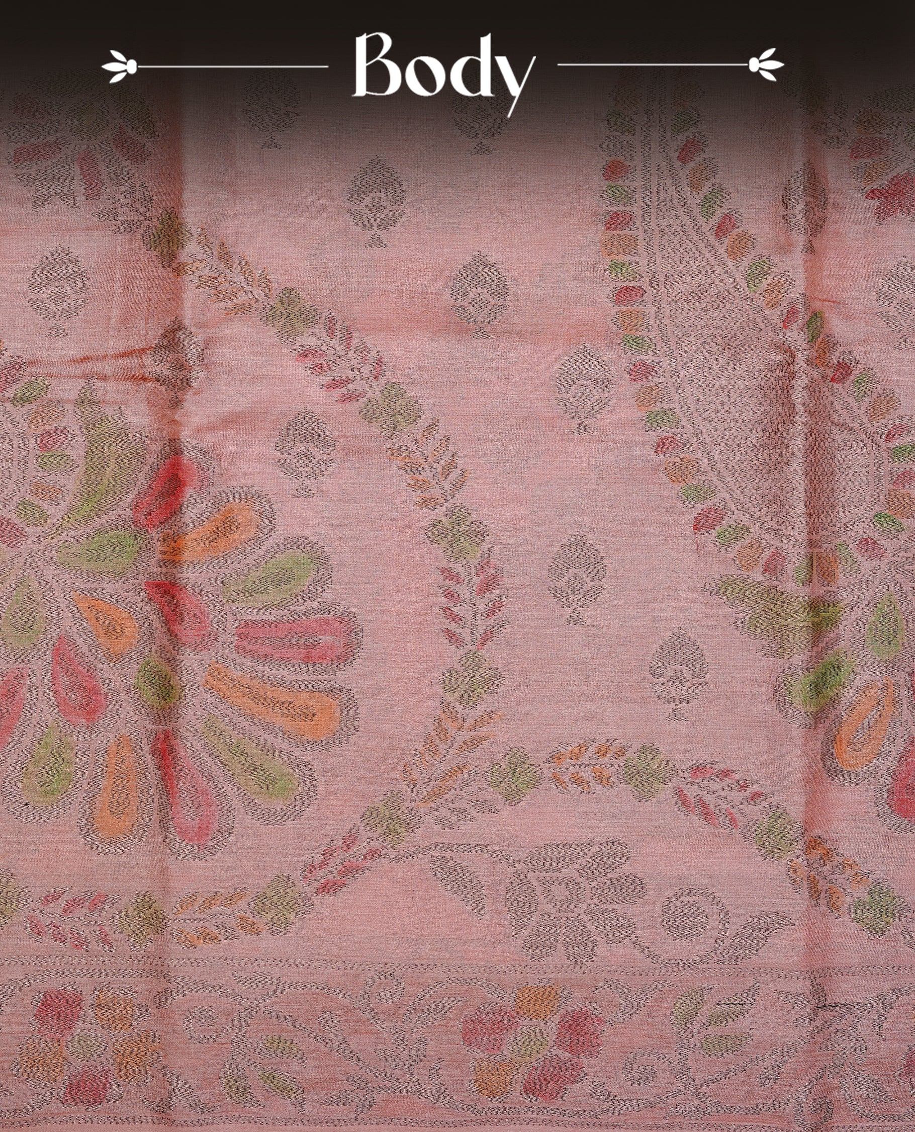 Peach colour pure tussar silk saree featuring elegant antique zari kodi patterns across the body, designed with a graceful borderless finish for a refined look. Paired with a matching blouse piece.