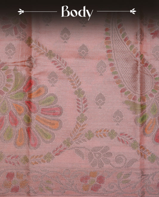 Peach colour pure tussar silk saree featuring elegant antique zari kodi patterns across the body, designed with a graceful borderless finish for a refined look. Paired with a matching blouse piece.