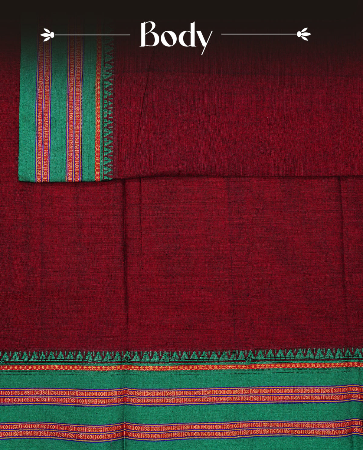Maroon colour Narayanapattu cotton saree with a plain body, complemented by a Green colour with Gold Zari border & contrast pallu, paired with a matching blouse piece.