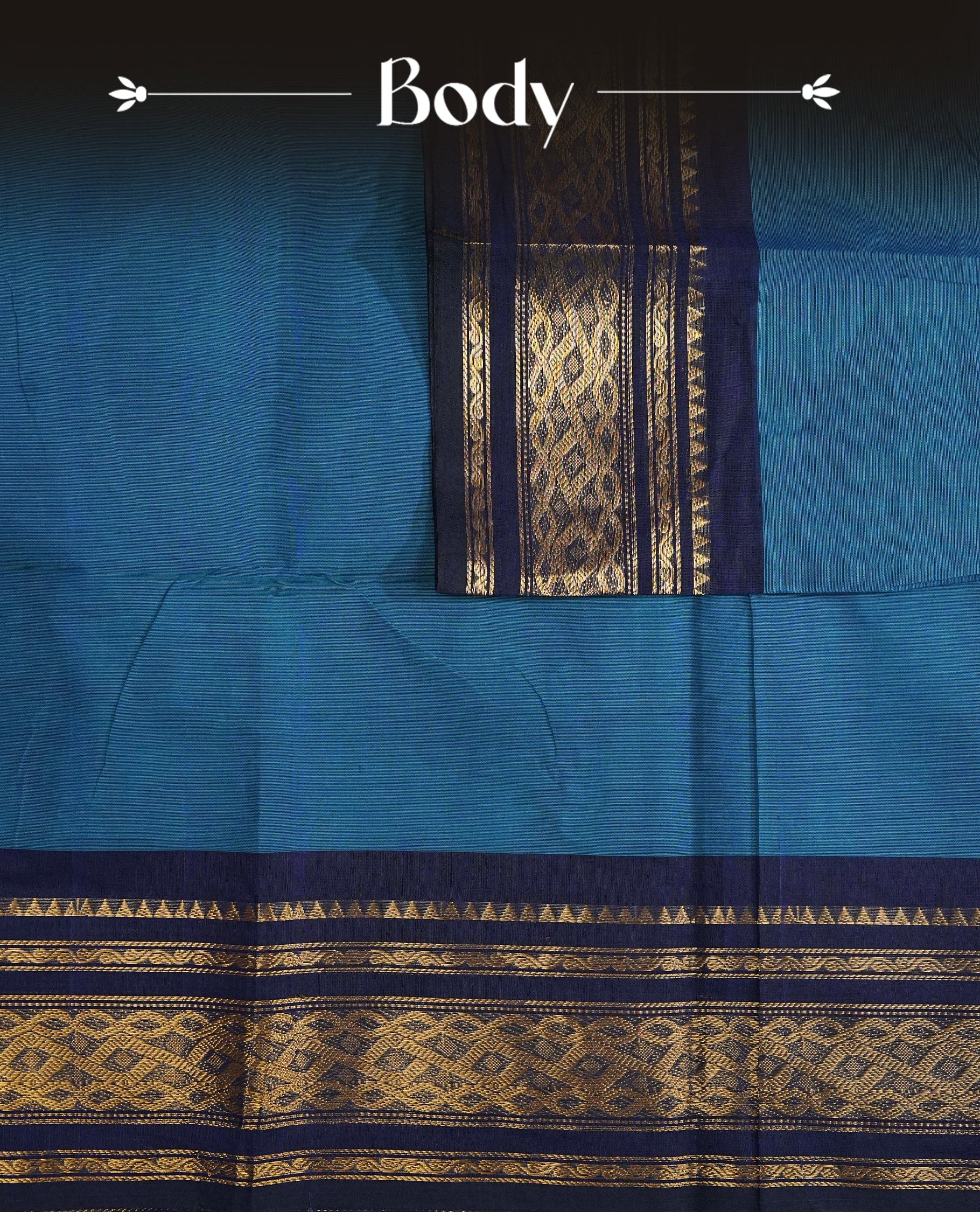 Blue Colour Chettinad Cotton Saree Featuring a Plain Body, Complemented by a Dark blue Colour Border with Gold Zari and  Pallu, Paired with a Matching Blouse Piece.