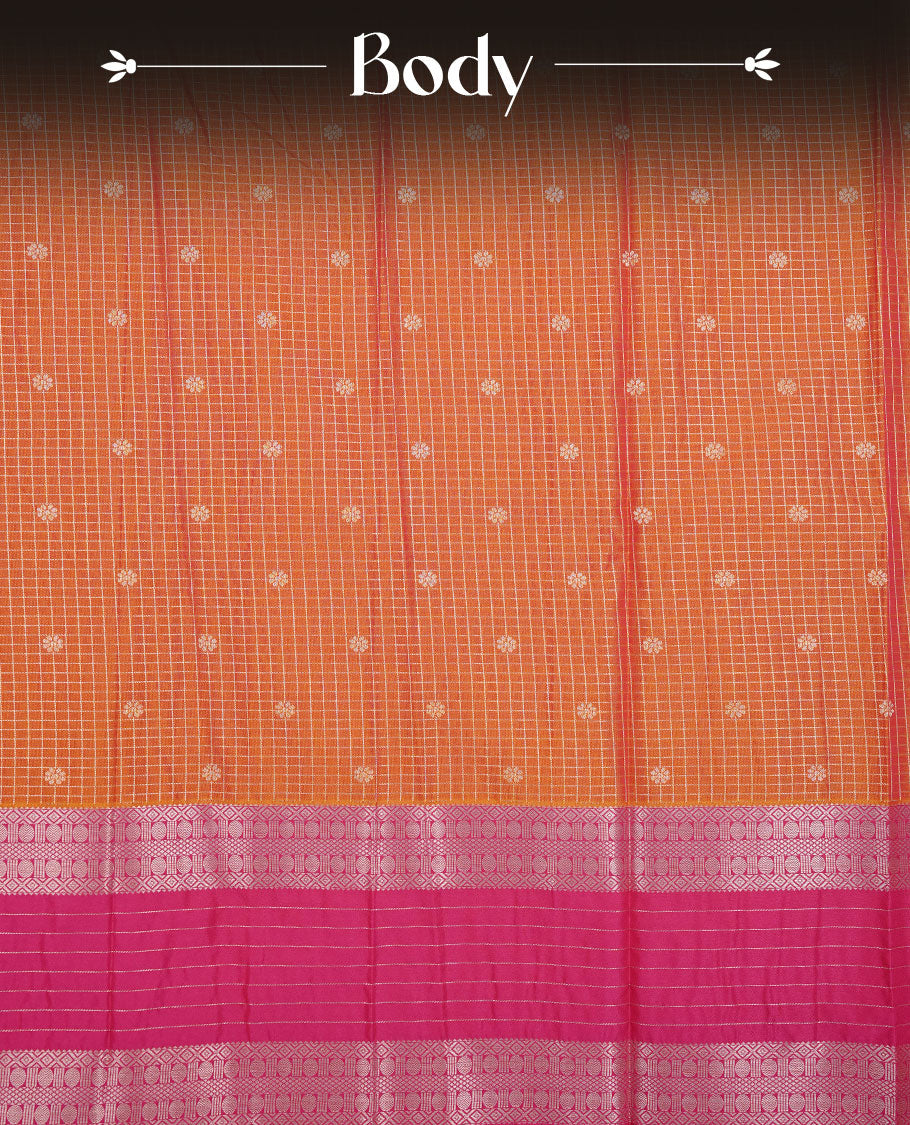Orange colour soft silk saree featuring Gold zari check & motifs on body, complemented by contrast magenta colour with traditional border, paired with matching blouse piece.