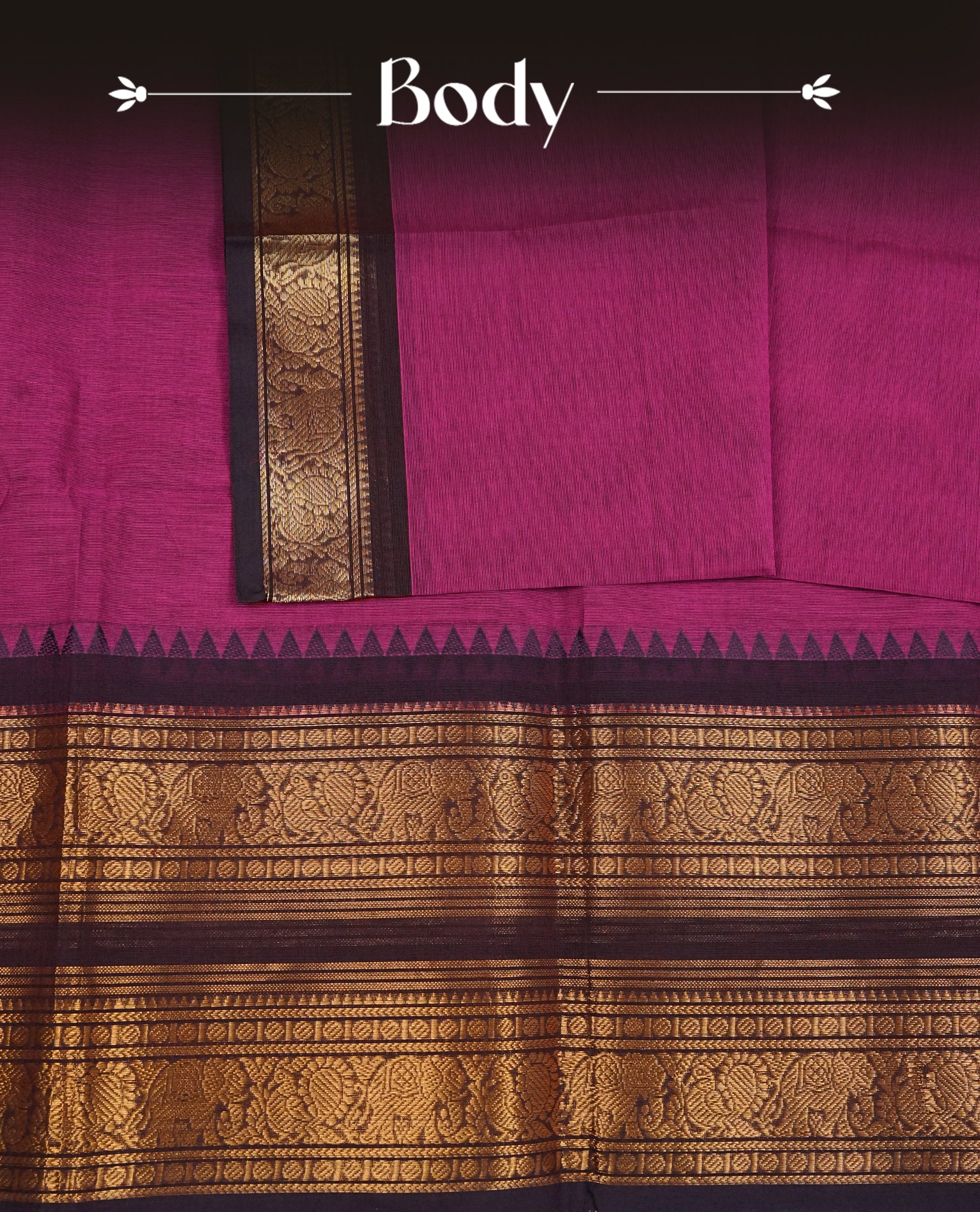 Rani pink  colour chettinad cotton saree featuring Elegant plain body,Contrast Grape colour with Gold zari border, comes with matching blouse piece.