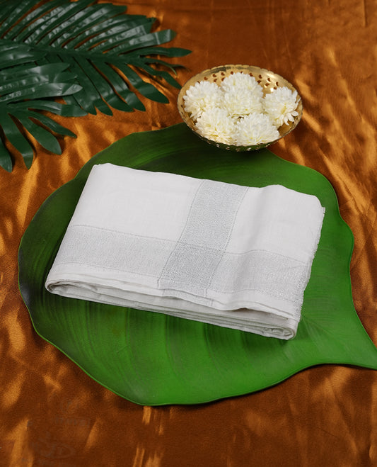 White colour pure linen double Dhoti with Silver colour border for men