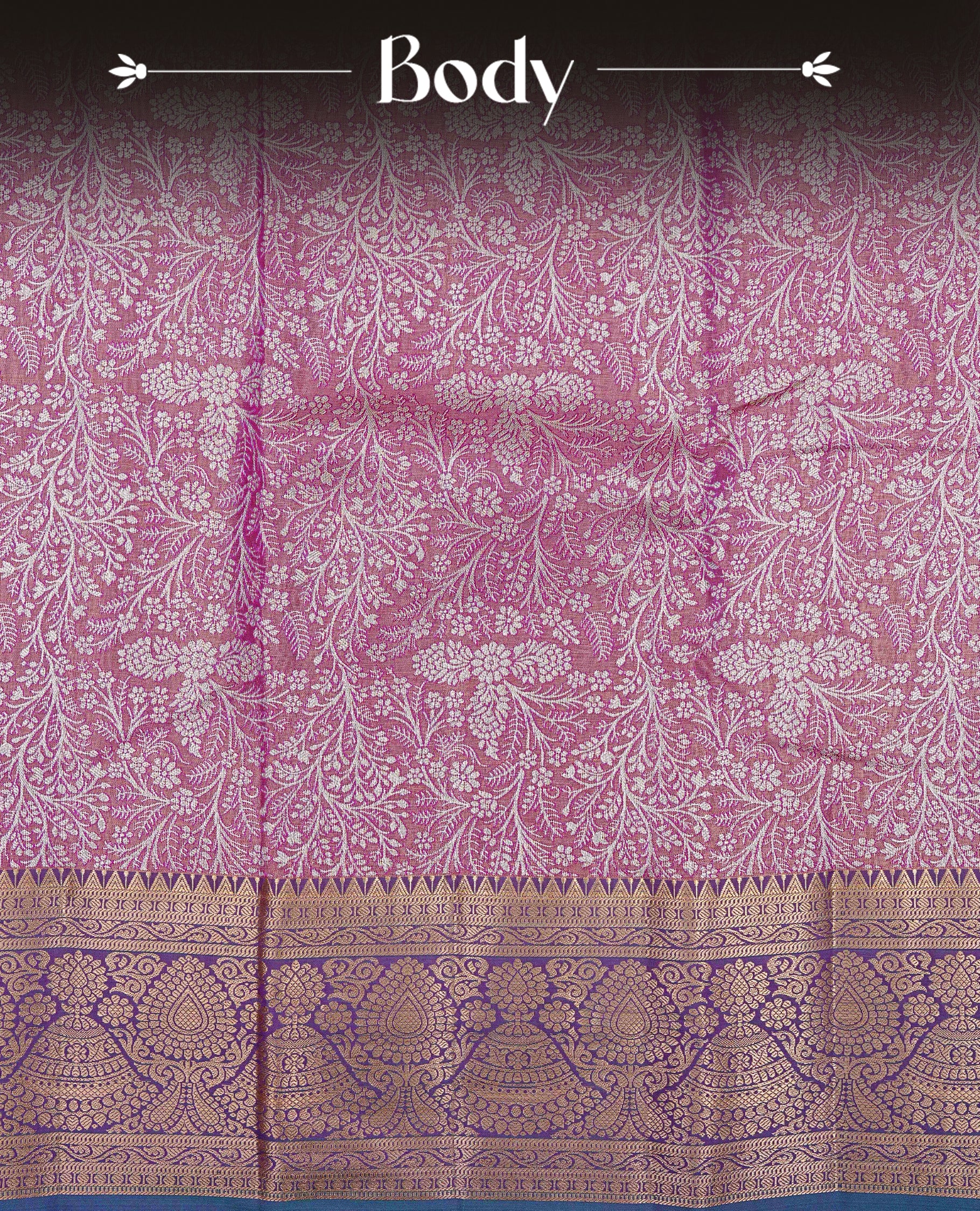 Gold & Purple colour Double shade Semi tissue silk saree featuring Silver Floral kodi pattern on body, Contrast Green colour with traditional border, paired with matching.
