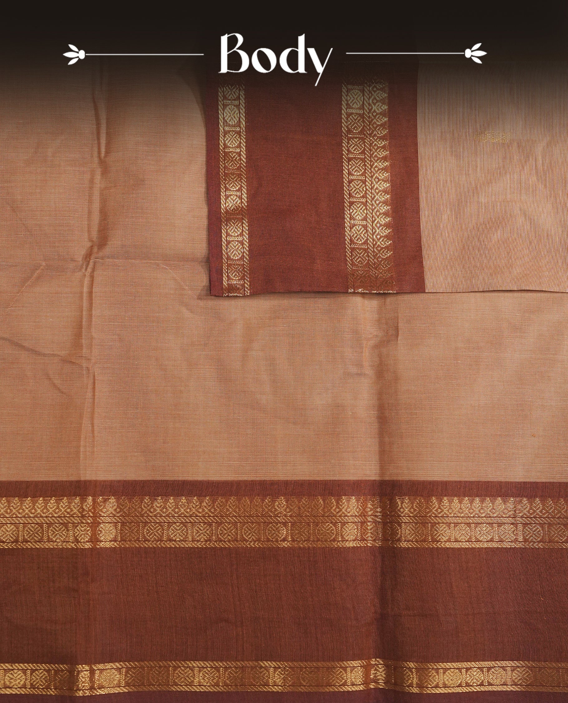 Beige colour chettinad cotton saree featuring gold zari motifs on body, Contrast Brown colour with Gold zari border, comes with matching blouse piece.