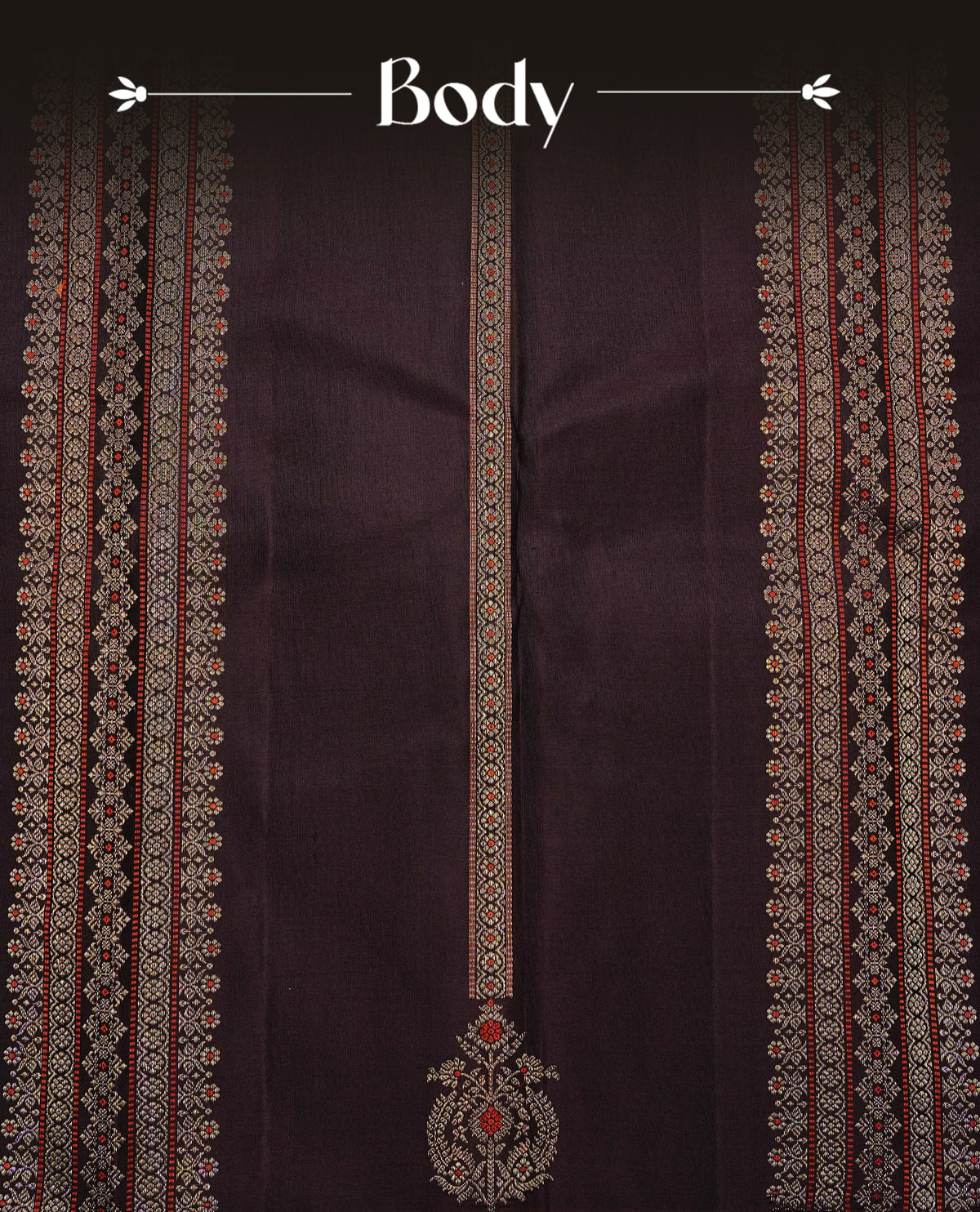 Dark Chocolate Brown Colour Traditional Kancheepuram Saree featuring zari woven vertical motifs across the body, complemented by a rich contrast red zari woven pallu & Orange Colour Border, paired with a matching contrast blouse piece.