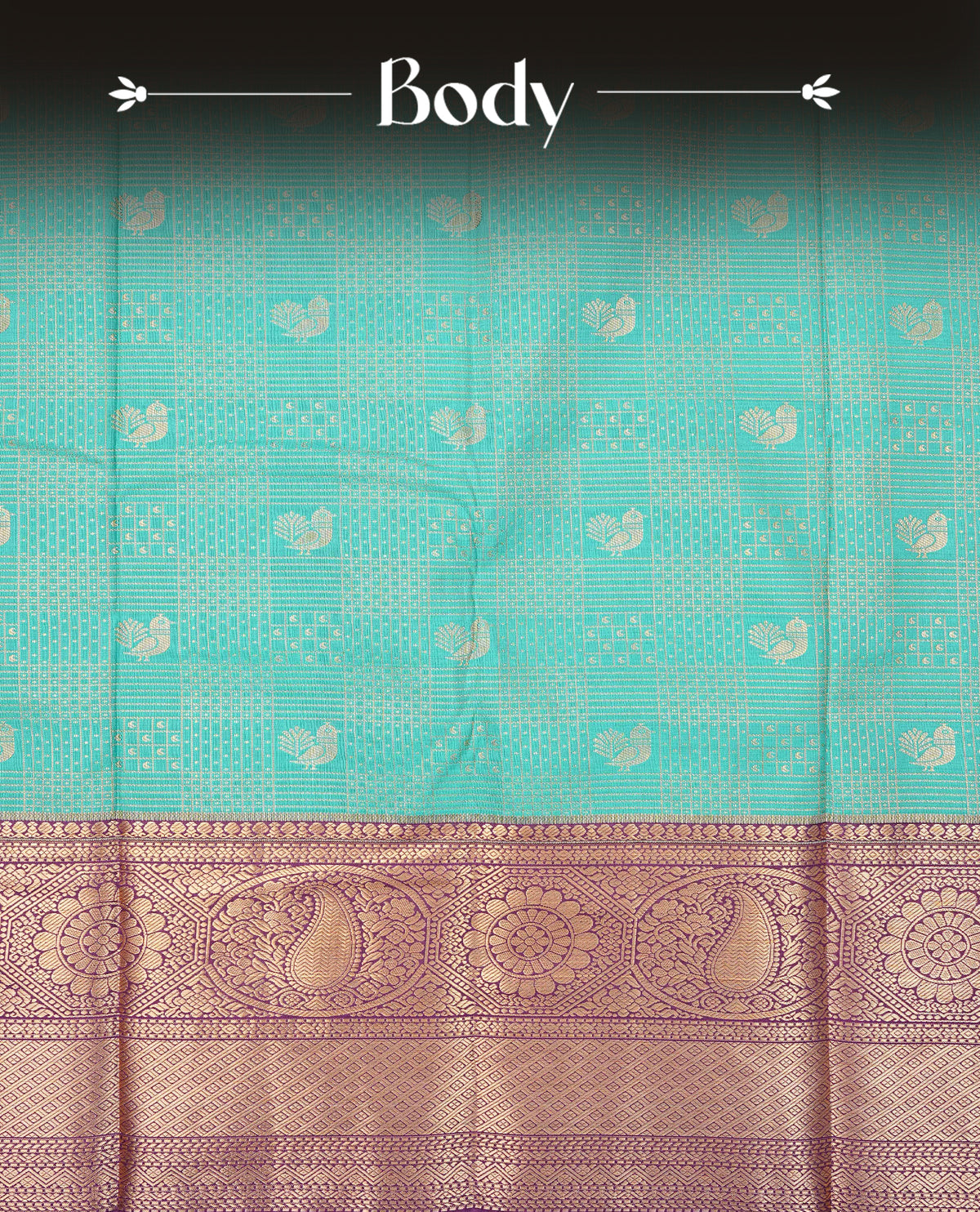 Aqua green colour semi wedding saree featuring gold zari check with motifs on body complemented by contrast purple colour with traditional border, comes with macthing blouse piece.