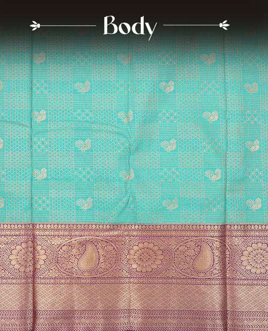 Aqua green colour semi wedding saree featuring gold zari check with motifs on body complemented by contrast purple colour with traditional border, comes with macthing blouse piece.