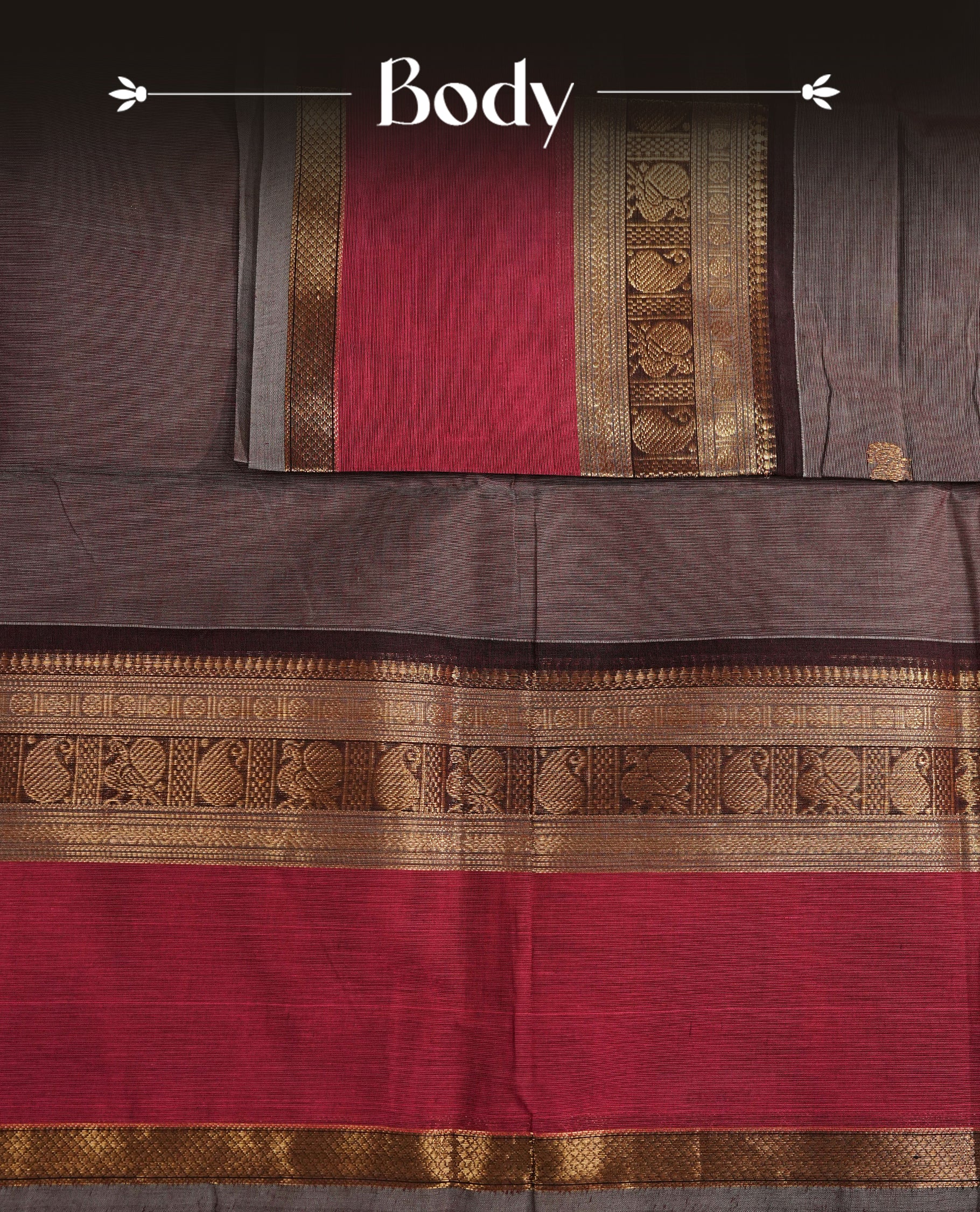 Grey colour chettinad cotton saree featuring Elegant plain body, Contrast Chocolate & Magenta colour with Gold zari border, comes with matching blouse piece.