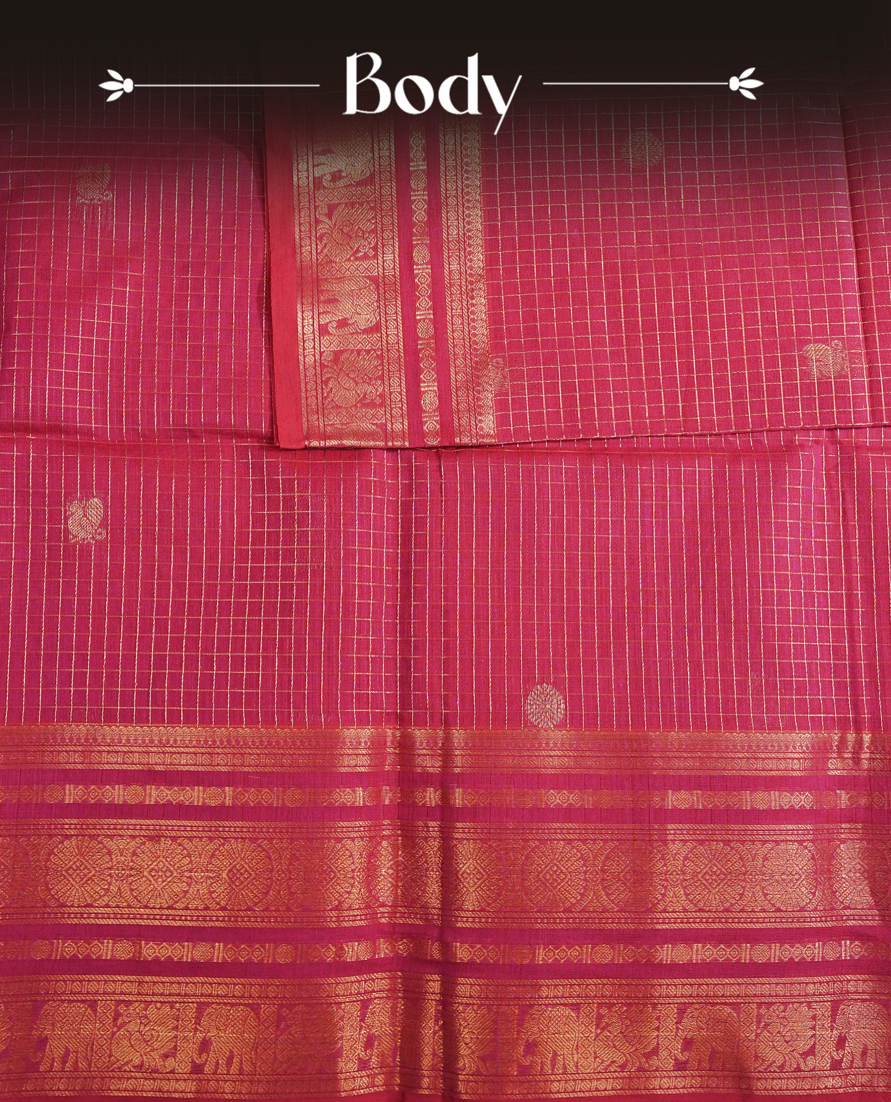 Magneta colour chettinad cotton saree Featuring Gold zari Check Pattern with motifs on body, complemented by Self colour with zari border, comes with matching blouse piece.
