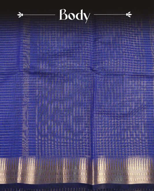 Navy blue colour Maheshwari cotton saree, gold zari small checks on body, complement self colour gold zari temple design border comes with matching blouse.