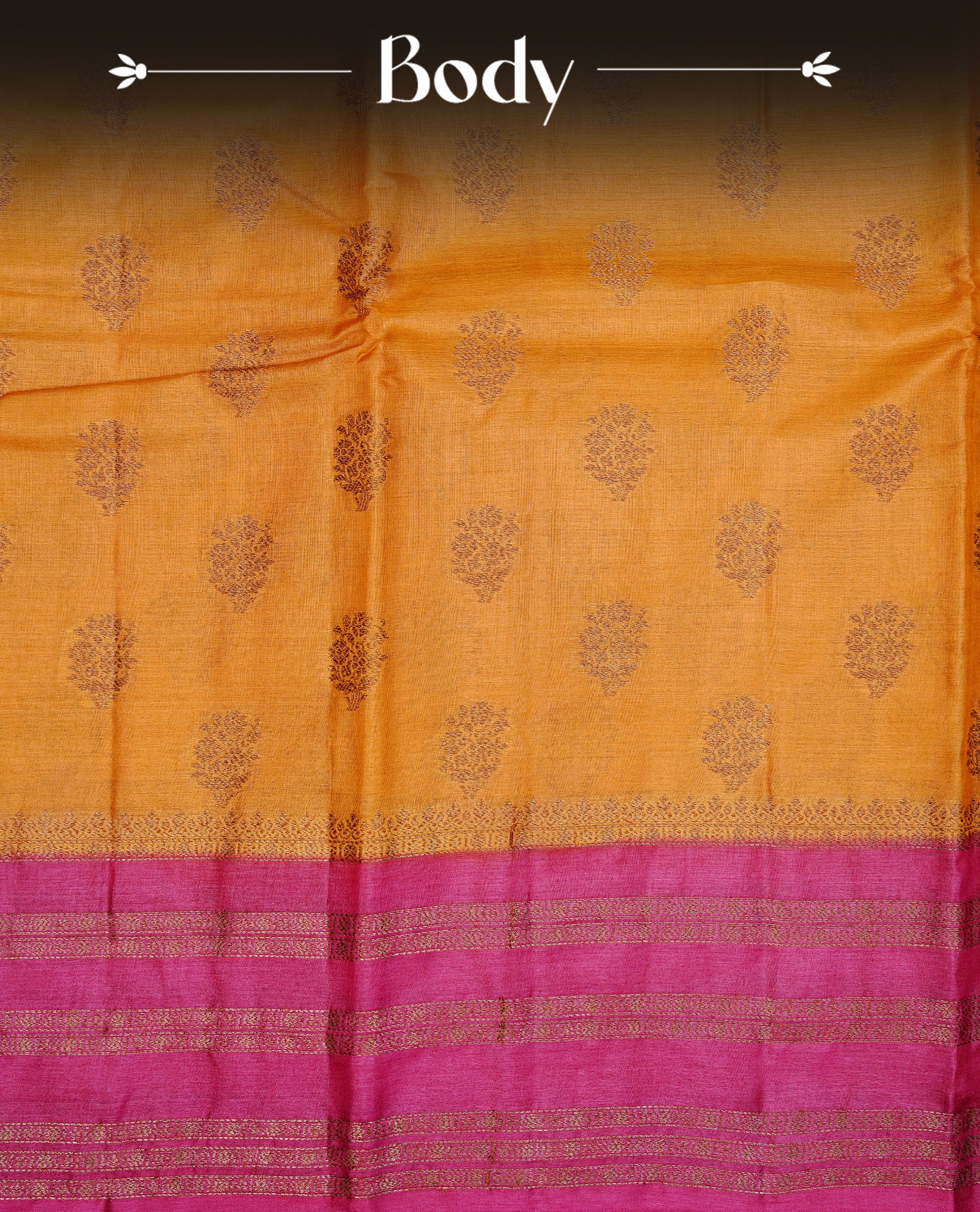 Mustard colour pure tussar banaras silk saree featuring gold zari motifs on body, highlighting contrast Magenta colour with zari border, paired with matching blouse piece.