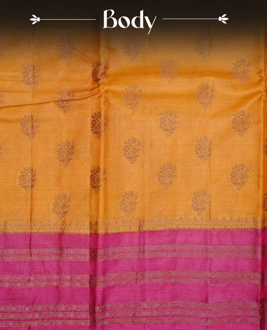 Mustard colour pure tussar banaras silk saree featuring gold zari motifs on body, highlighting contrast Magenta colour with zari border, paired with matching blouse piece.